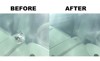 Before and after photo of a bullseye chip windshield repair
