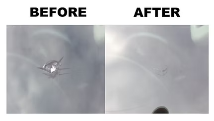 Before and after photo of a star chip windshield repair