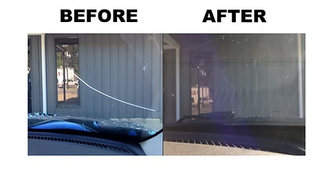 Before and after photo of a long crack windshield repair