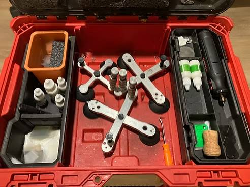 Brandon's professional windshield repair kit with bridge injectors and resin